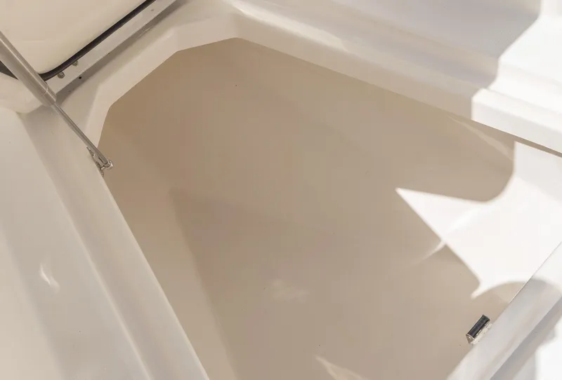 Slide: The Image of Storage compartment of 2021 Solace 345 boat, featuring a clean, spacious interior. - 40