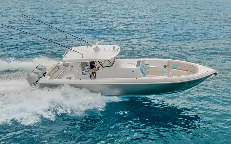 Slide: The Image of 2020 Intrepid 407 Panacea cruising on open blue water. - 0