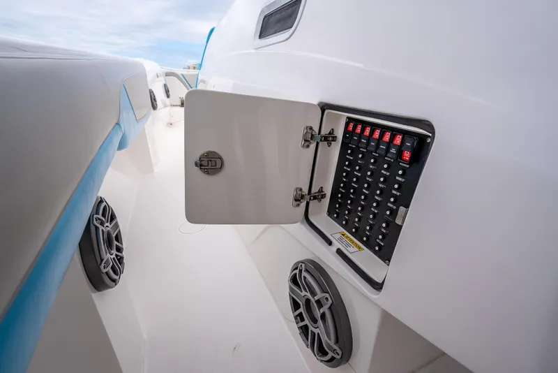 Slide: The Image of Electrical panel on 2020 Intrepid 407 Panacea boat, featuring speakers and sleek design. - 33