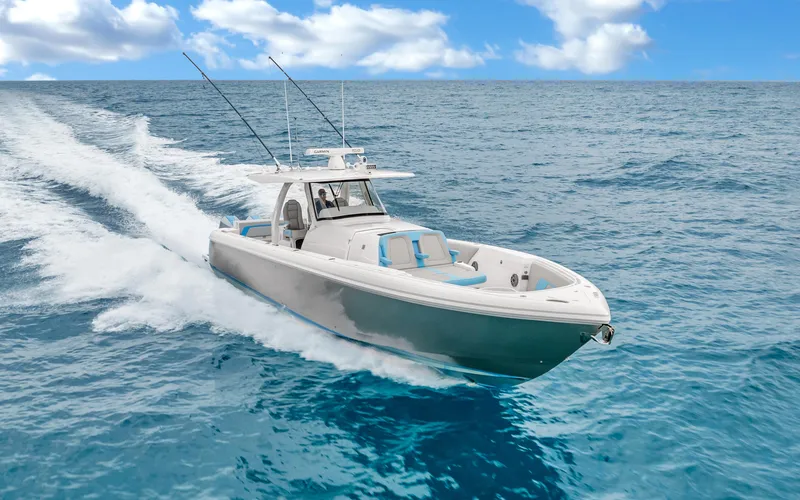 Slide: The Image of 2020 Intrepid 407 Panacea cruising on open ocean under blue sky. - 39