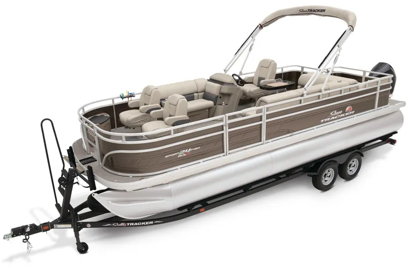 Slide: The Image of 2025 Sun Tracker Sportfish 24 XP3 boat interior with steering wheel and control panel. - 3