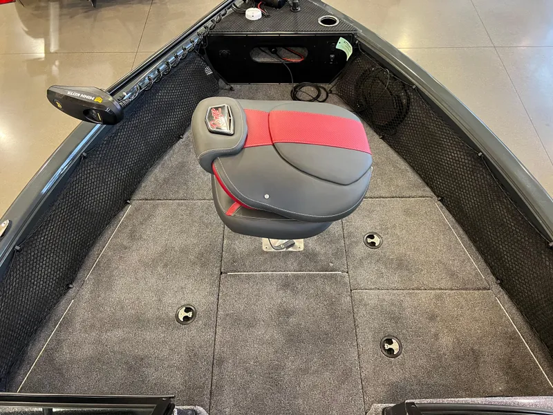 Slide: The Image of 2025 Ranger VS1882SC Reata boat interior with gray and red seating. - 3