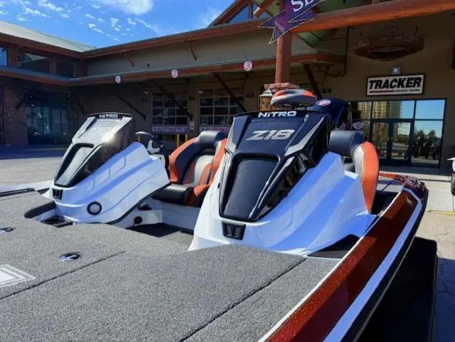 Slide: The Image of 2025 Nitro Z18 Pro boat with sleek design, parked outside a Tracker store. - 5