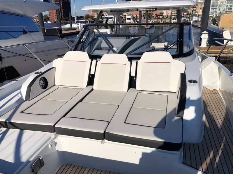 Slide: The Image of 2024 Jeanneau Leader 12.5 WA boat with spacious sunbathing deck and modern design. - 23