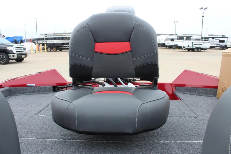 Slide: The Image of 2025 Tracker PT 175 TXW boat seat, gray and red design, outdoor setting. - 9