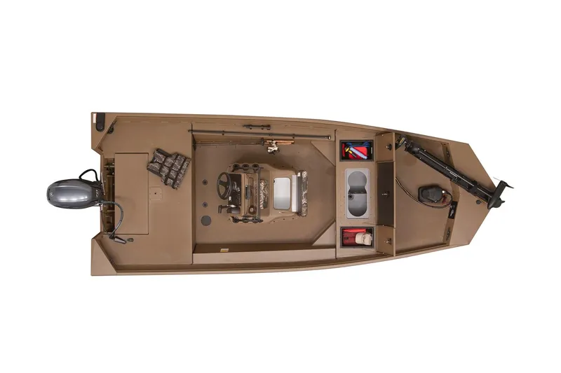 Slide: The Image of 2025 G3 Gator Tough 17 CC boat interior with camo seating and rod holders. - 5