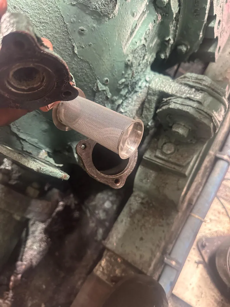 Slide: The Image of Engine component of a 1982 Bertram 46.6 War Wagon with a metal filter. - 44