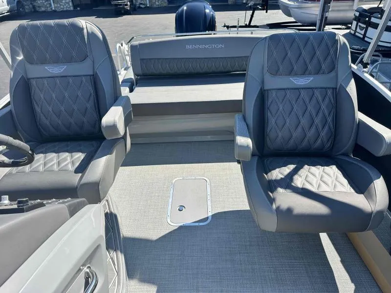 Slide: The Image of 2024 Bennington 23RSB boat interior with luxurious seating and Yamaha VF250XB engine. - 10