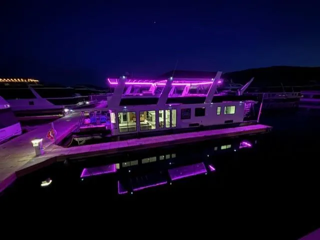 Slide: The Image of Houseboat with purple lights at night, 1999 Horizon Stoke House 1/2 share. - 3