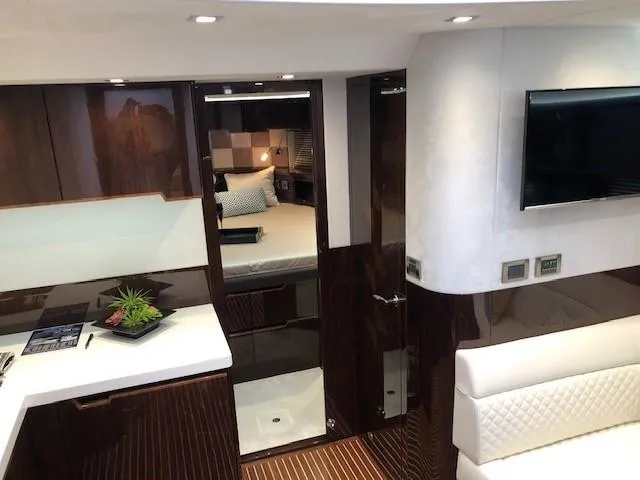 Slide: The Image of Luxurious interior of 2018 Galeon 485 yacht with modern furnishings and elegant design. - 25