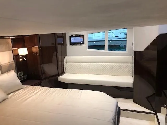 Slide: The Image of Luxurious interior of 2018 Galeon 485 yacht with modern furnishings and elegant design. - 39