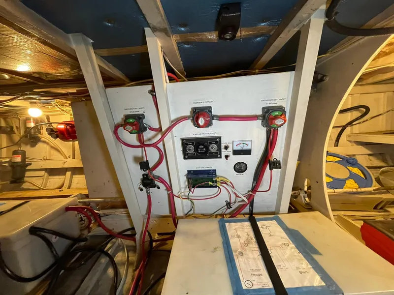 Slide: The Image of Electrical panel inside 1959 Monk Express Cruiser with wiring and switches. - 37