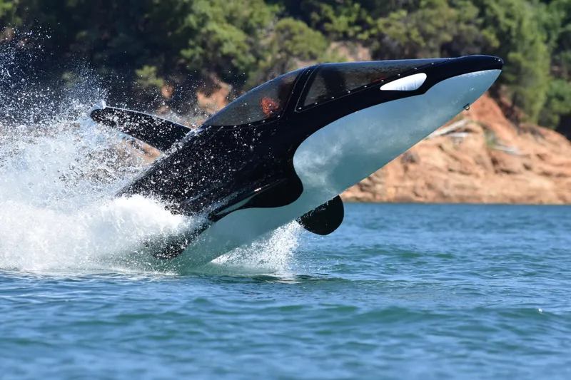 Slide: The Image of 2025 Seabreacher X, Y, Z submarine breaching water, resembling an orca, in a scenic lake. - 48
