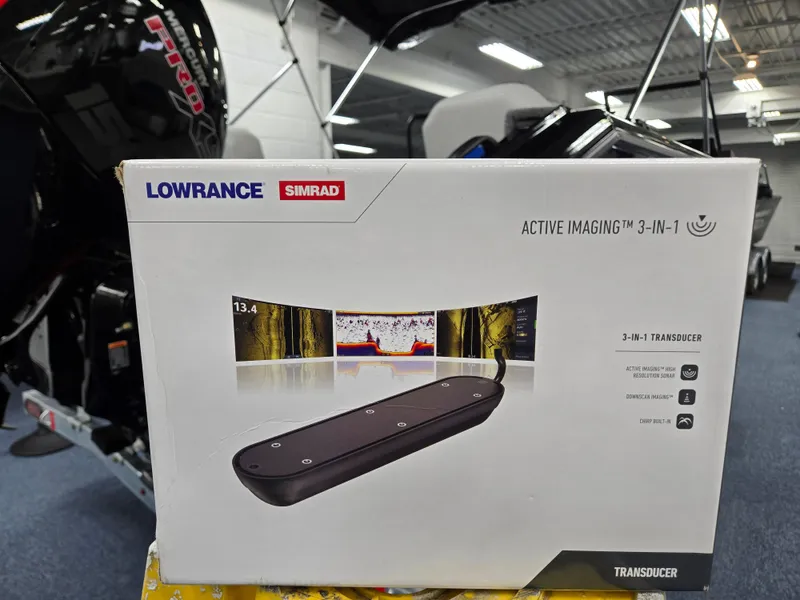 Slide: The Image of Box of Lowrance Simrad Active Imaging 3-in-1 Transducer near 2025 Princecraft Sport 188 boat. - 16