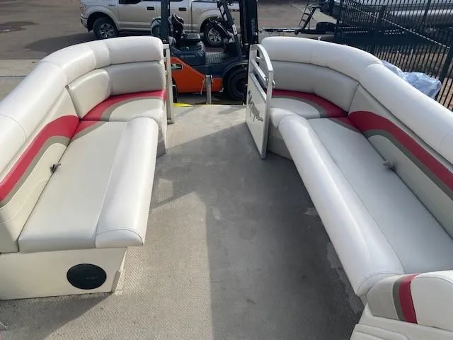 Slide: The Image of 2008 Voyager Pontoons 22 Sport Cruise interior with white and red seating. - 6