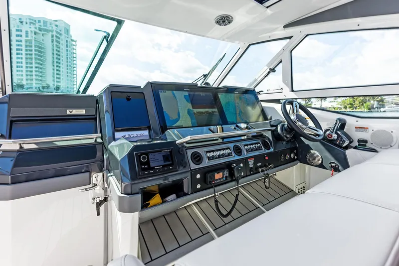 Slide: The Image of 2023 Formula 430 Super Sport Crossover helm with advanced navigation systems and luxurious seating. - 35