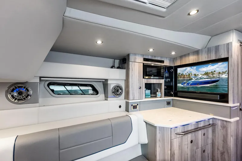 Slide: The Image of Interior of 2023 Formula 430 Super Sport Crossover yacht with modern amenities and sleek design. - 41