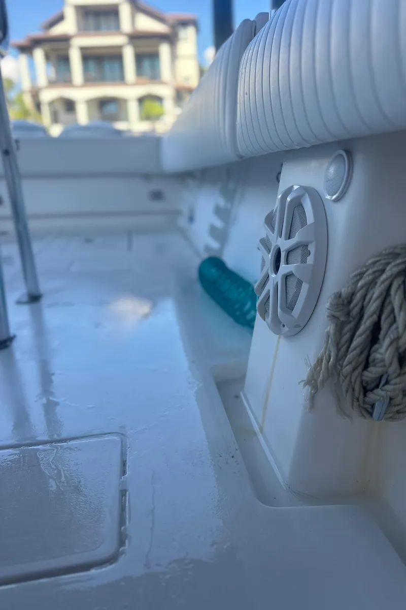 Slide: The Image of 2008 Contender 32 Tournament boat interior with speaker and rope detail. - 30