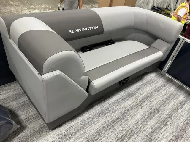 Slide: The Image of 2025 Bennington S L-Bench 21 SLJ boat seating, gray upholstery, showroom display. - 9