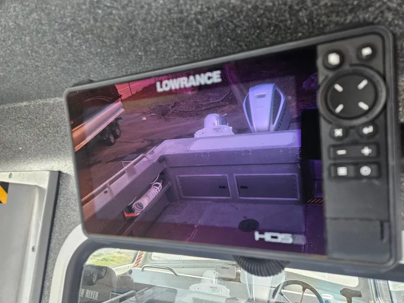Slide: The Image of Lowrance HDS display on 2020 North River 2500s boat, showing rear deck view. - 10