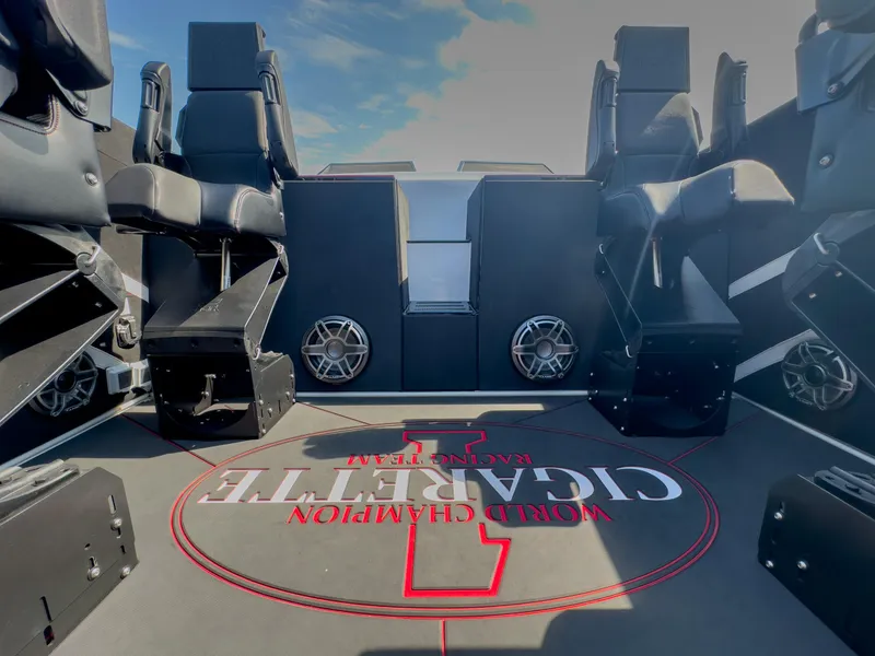 Slide: The Image of Interior of 2023 Cigarette 515 boat with luxury seating and branded flooring. - 20