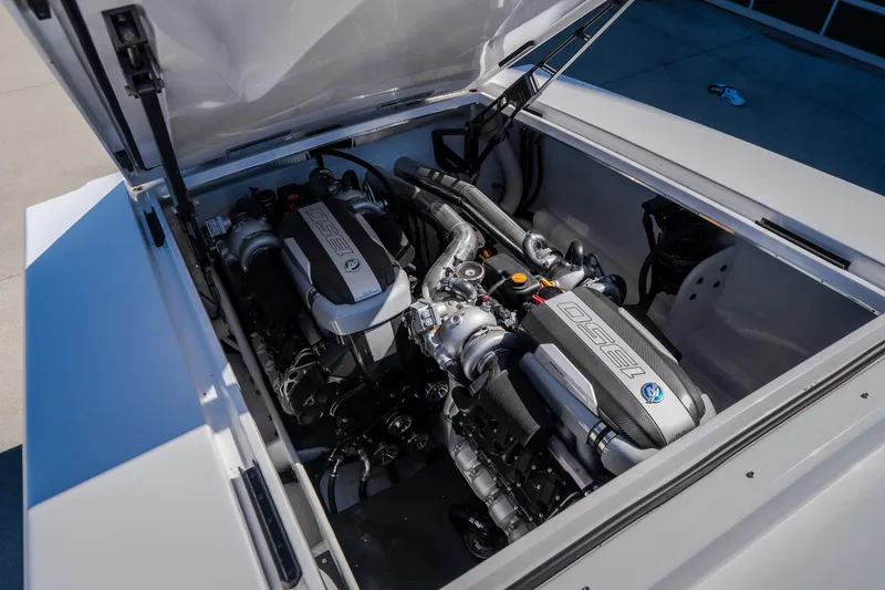 Slide: The Image of 2023 Cigarette 515 boat engine compartment with dual high-performance engines. - 46