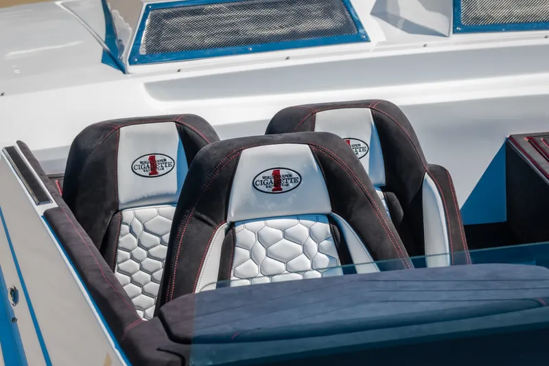 Slide: The Image of 2023 Cigarette 515 boat seats with logo, featuring sleek design and luxurious upholstery. - 21