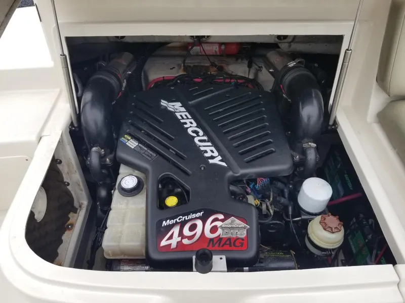 Slide: The Image of Engine compartment of a 2006 Sea Ray 270 Sundeck with MerCruiser 496 MAG engine. - 16
