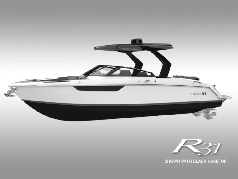 Slide: The Image of 2025 Cobalt R31 boat with black hardtop, sleek design on a gradient background. - 1
