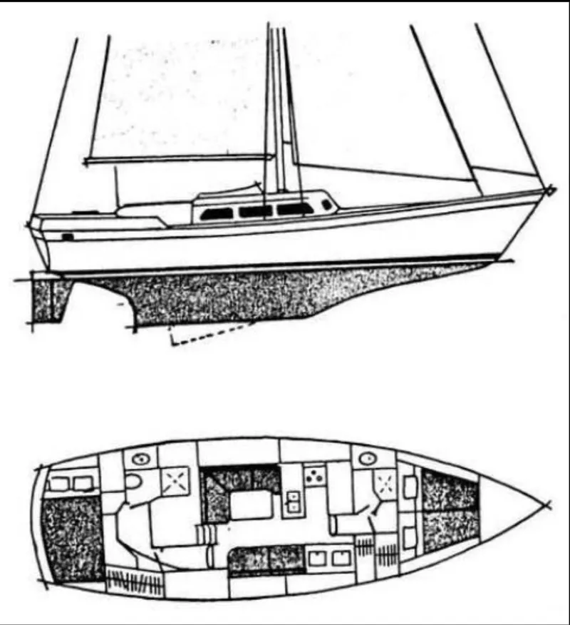 Slide: The Image of 1980 Wellington 44 Cutter Center Cockpit sailboat design and layout diagram. - 14