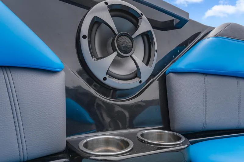 Slide: The Image of 2021 Malibu Wakesetter 25 LSV interior with speaker and cup holders. - 5