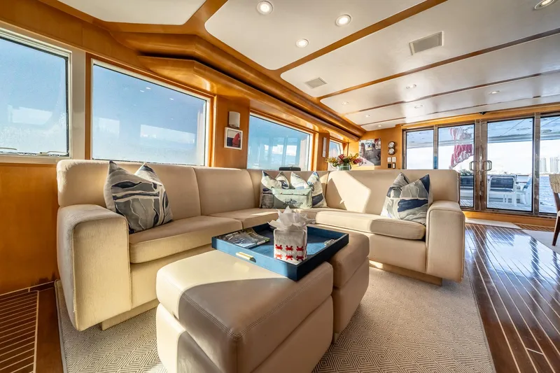 Slide: The Image of Luxurious 2007 MCP Tri-Deck yacht interior with elegant seating and panoramic windows. - 28