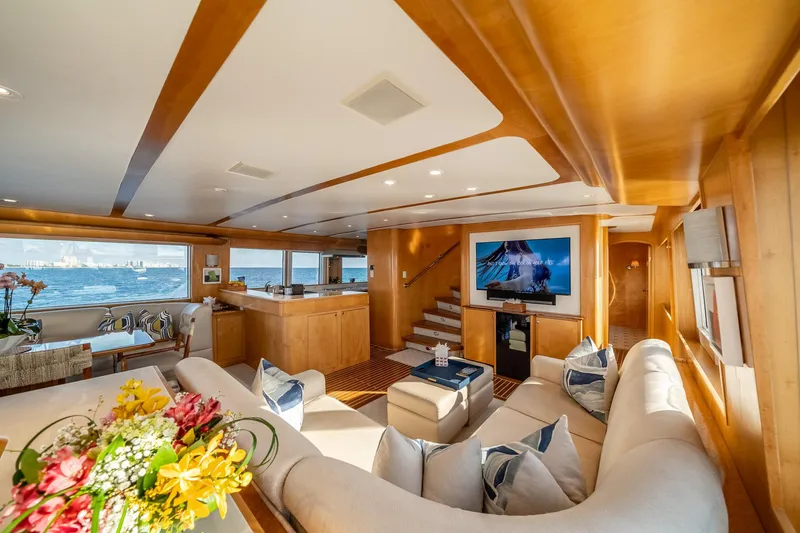 Slide: The Image of Luxurious interior of 2007 MCP Tri-Deck yacht with elegant seating and ocean view. - 29