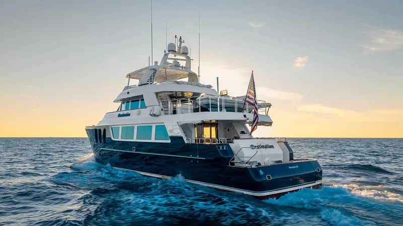 Slide: The Image of Luxury 2007 MCP Tri-Deck yacht cruising at sunset on open sea. - 3