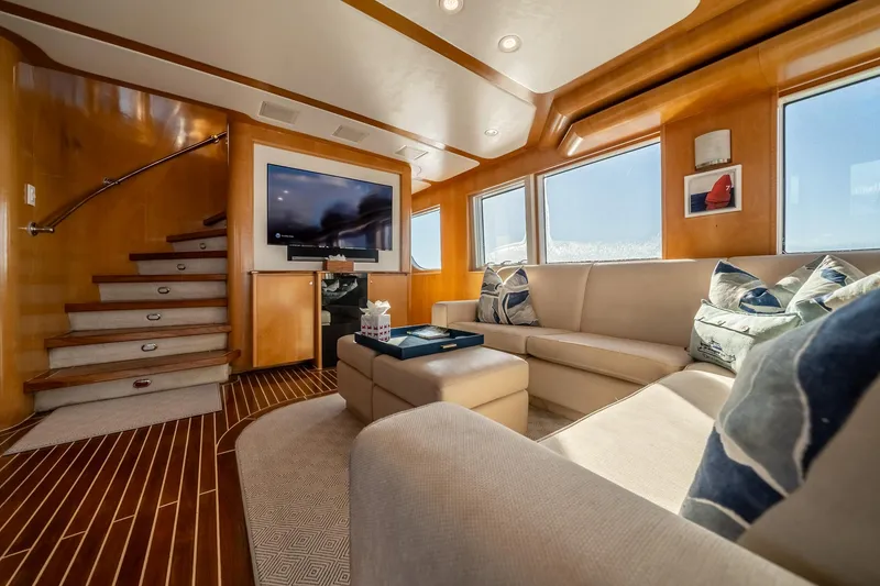 Slide: The Image of Luxurious interior of 2007 MCP Tri-Deck yacht with modern furnishings and large windows. - 30
