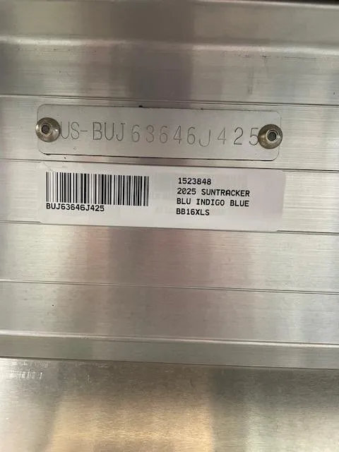 Slide: The Image of 2025 Sun Tracker Bass Buggy 16 XL Select, blue indigo, serial number visible on metal plate. - 4