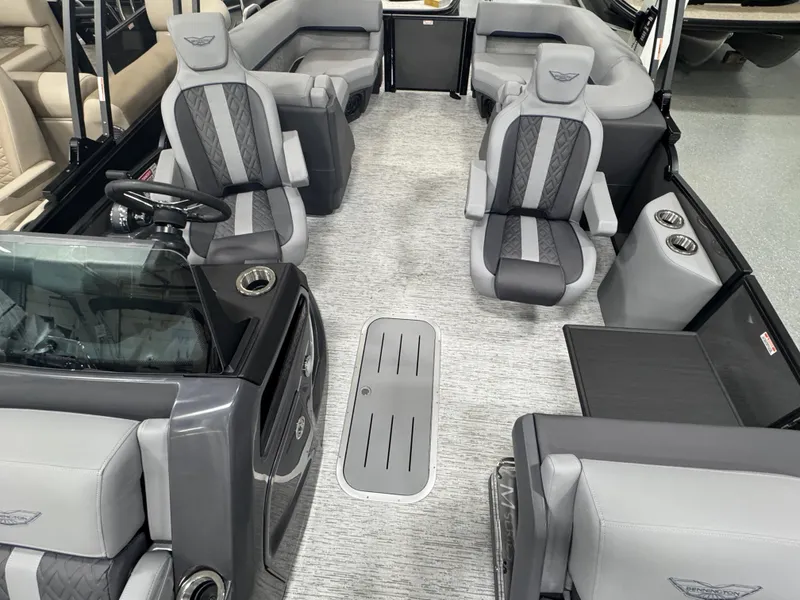 Slide: The Image of 2025 Bennington M Quad Bench 22 MFB interior with luxurious gray seating and modern design. - 15