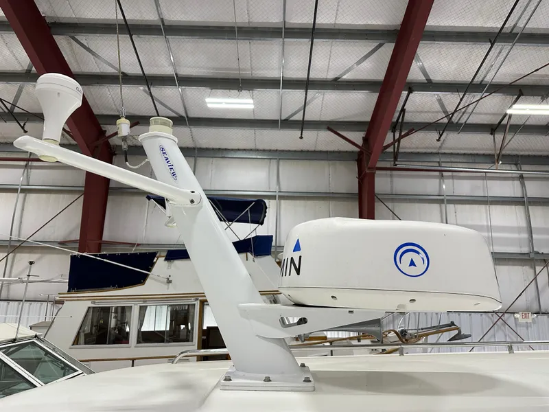 Slide: The Image of Radar equipment on a 2018 Back Cove 32 boat in a storage facility. - 23