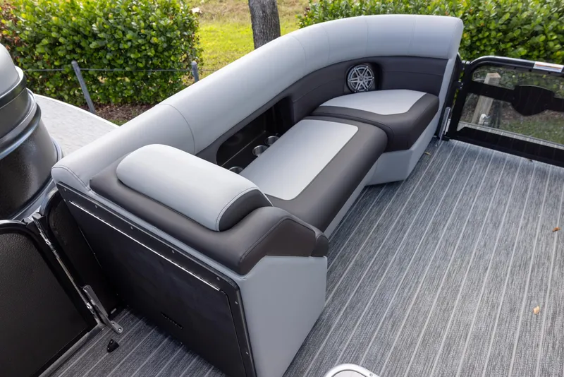 Slide: The Image of Luxurious seating on 2025 Premier 230 Sunsation RS pontoon boat, featuring sleek design and comfort. - 3