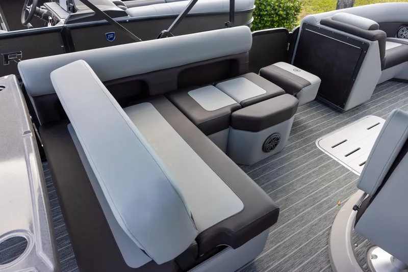 Slide: The Image of Luxurious seating on 2025 Premier 230 Sunsation RS pontoon boat with modern design. - 8