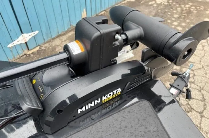 Slide: The Image of Minn Kota Terrova motor on 2024 Tracker Pro 170 boat, close-up view. - 10