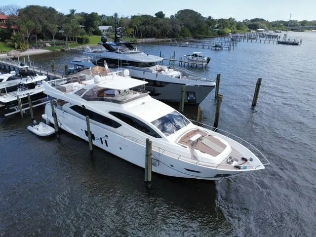 Slide: The Image of Astondoa 96 GLX 2009 yacht docked at marina, aerial view. - 8