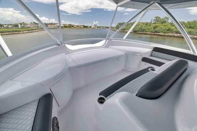 Slide: The Image of Luxurious interior of 2024 Viking 72 Convertible yacht with sleek seating and panoramic views. - 10