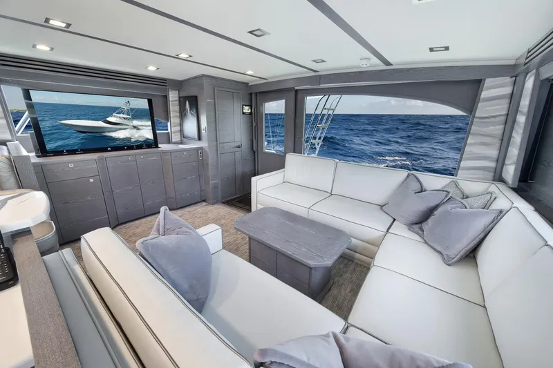 Slide: The Image of Luxurious interior of 2024 Viking 72 Convertible yacht with ocean view and modern furnishings. - 36