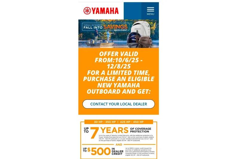 Slide: The Image of Yamaha outboard promotion, valid 10/6/25-12/8/25, featuring SouthWind 2600 SD 2025 model. - 25