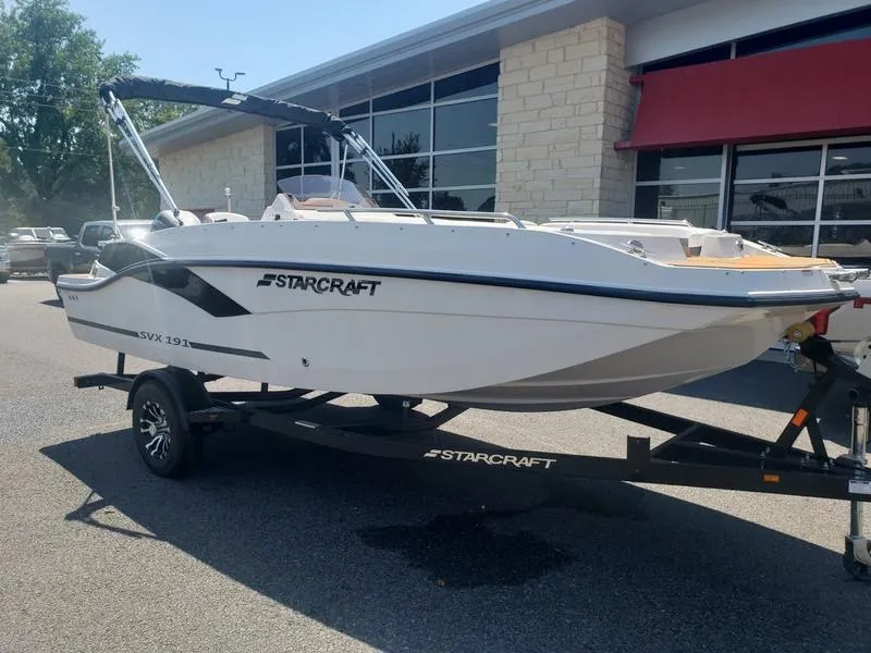 Slide: The Image of 2023 Starcraft SVX 191 OB boat on trailer, parked outside a building. - 4