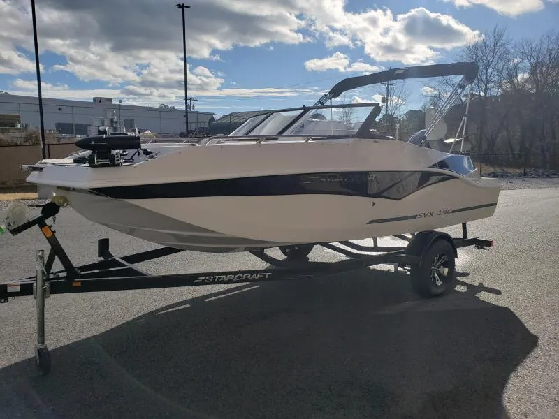 Slide: The Image of 2024 Starcraft SVX 190 OB boat on trailer under a partly cloudy sky. - 4