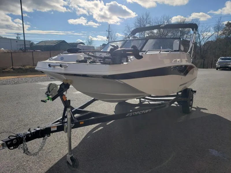 Slide: The Image of 2024 Starcraft SVX 190 OB boat on trailer under a sunny sky. - 5