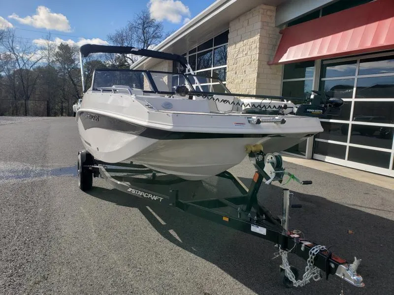 Slide: The Image of 2024 Starcraft SVX 190 OB boat on trailer, parked outside a building. - 6