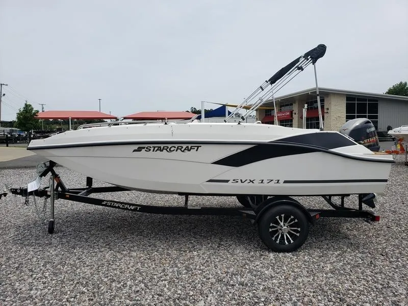 Slide: The Image of 2023 Starcraft SVX 171 OB boat on trailer, displayed outdoors. - 15